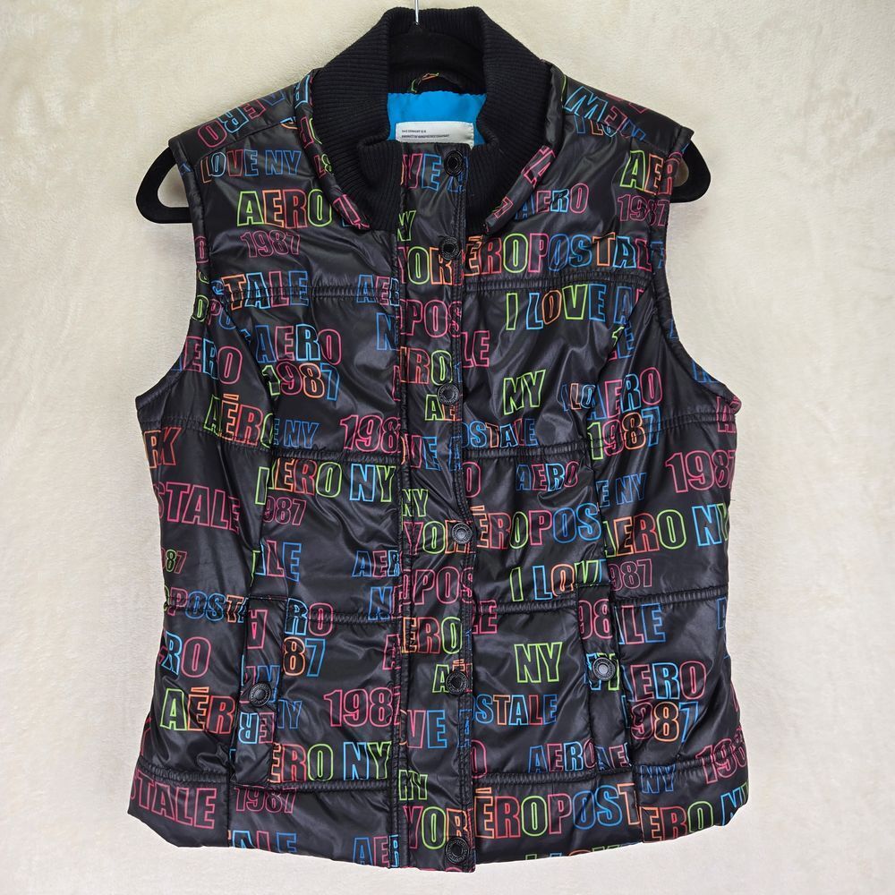 Aeropostale Womens Puffer Vest Size Large 80s Artsy Outdoors New York Colorful‎